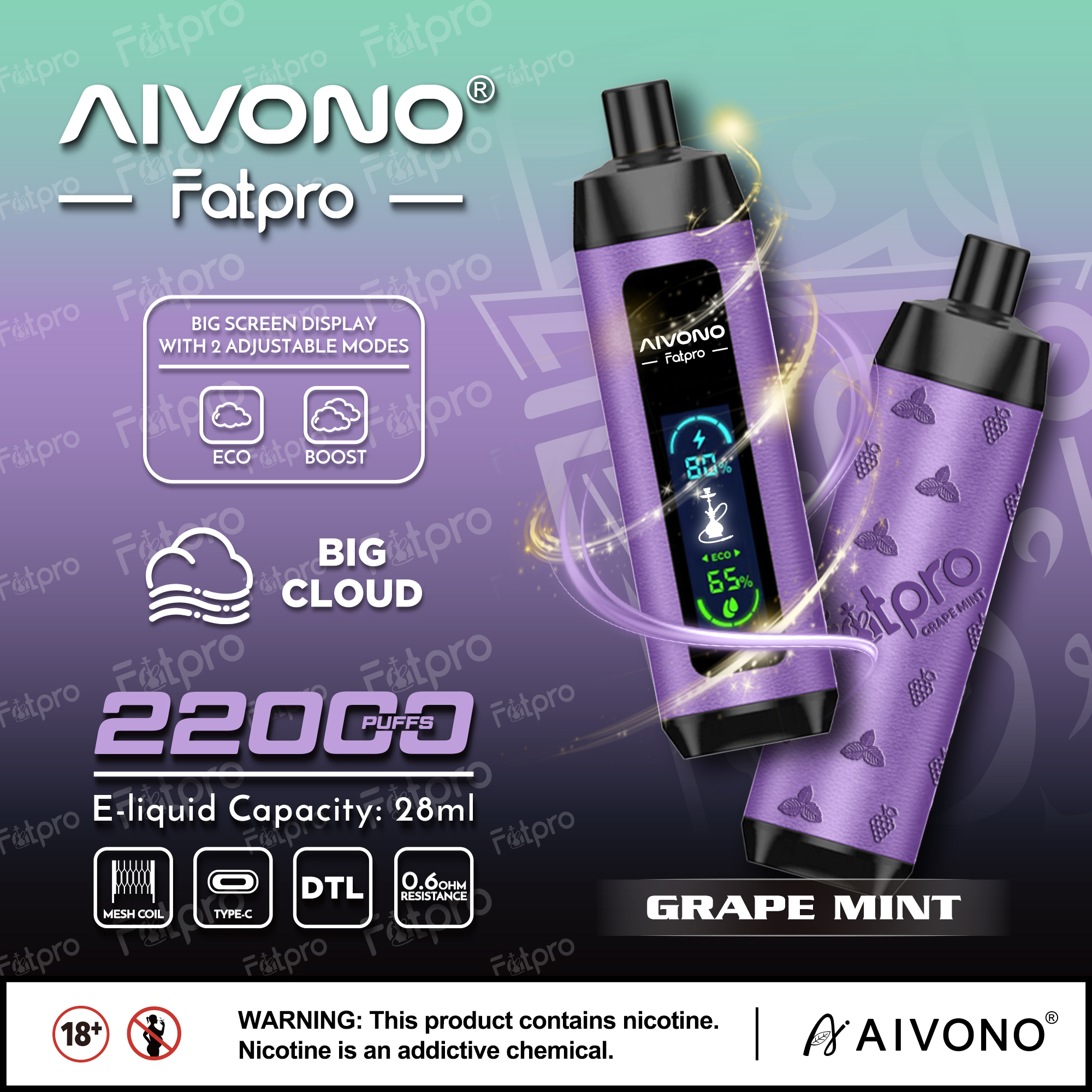 Aivono Aim Fatpro 22000 - 22,000 Puffs DTL Vape with 28ml E-Liquid Capacity and 600mAh Battery