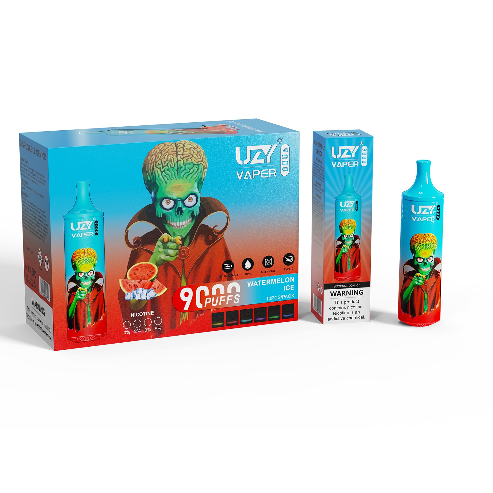 Uzy Vaper 9000 - Premium Vaping Device with 9000 Puffs, 15 Flavors, and RGB Lighting